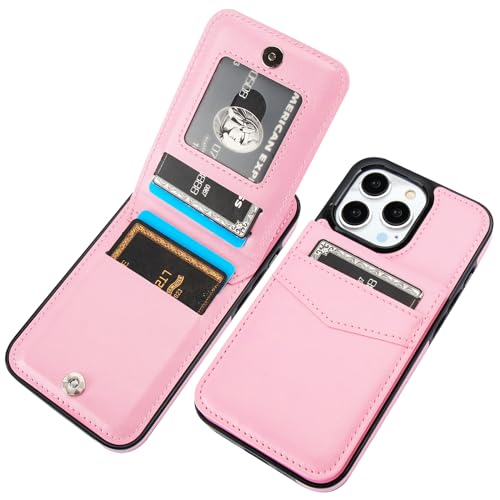 Image of KIHUWEY Compatible with iPhone 13 Pro Case Wallet with Credit Card Holder, Premium Leather Magnetic Clasp Kickstand Heavy Duty Protective Cover for iPhone 13 Pro 6.1 Inch (Pink)