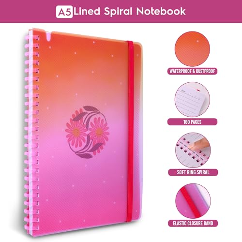 Image of DOODLE A5 Soft Spiral Notebook With Elastic Band Closure & Pen Holder | 160 Ruled Paper | Beautifully Printed PP Cover | Perfect for School, College & Office Use - Radiant Joy