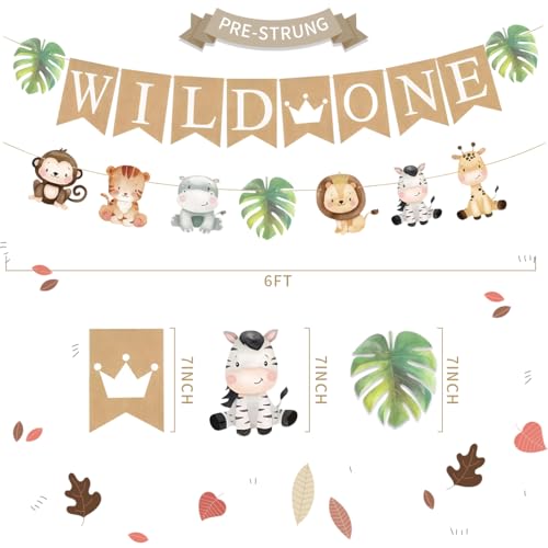 Image of Weecent Pre-Strung 6ft Burlap WIld One Banner for 1st Baby Birthday Decorations Jungle Safari Theme Neutral Jungle Animals Gender Reveal Party Decor