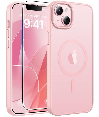 FNTCASE for iPhone 15 Plus Case: for iPhone 14 Plus Case [Compatible with Magsafe] Translucent Matte Cases with [Screen Protector] Military Grade Shockproof Protective Phone Cover - Light Pink