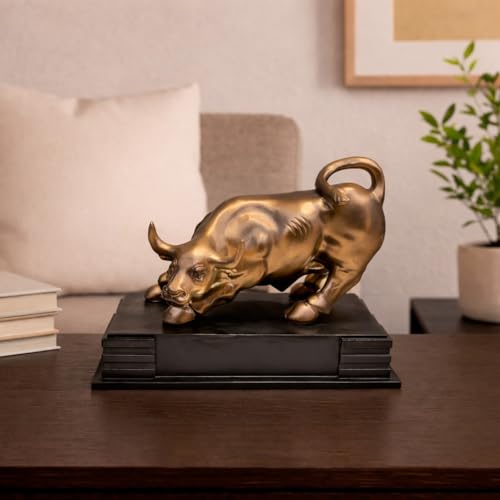 Image of ARMONIA Golden Charging Bull Statue (23 * 28.5cm) | Polystone Bull Sculpture Showpiece Wall Street Bull for Home Decor, Stock Market & Trading Desk Symbol of Business Growth