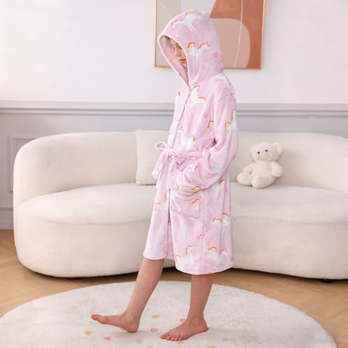 Image of V.&GRIN Girls Fleece Hooded Robe, Soft Unicorn Bathrobe for Kids 5-14 Years