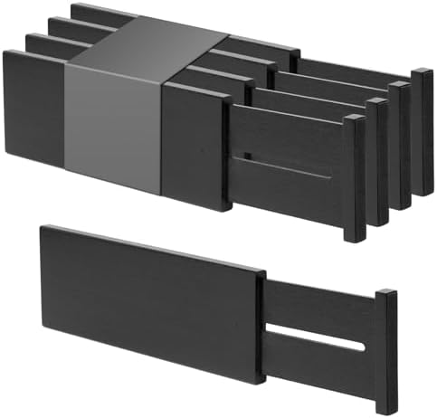 Utoplike 4 Pcs Bamboo Raised Drawer Divider, Adjustable Clothes Drawer Organiser, Wooden Spring Loaded Inserts, for Utensils, Cosmetics in Kitchen, Bathroom and Bedroom Drawers, Black