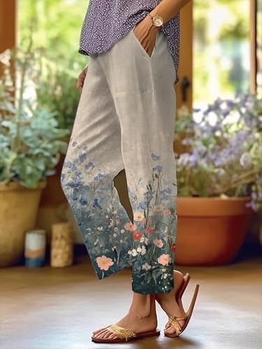 Womens Straight Leg Capri Pants Oil Painting Flower Printed Trousers with Pockets Summer Boho Floral Lounge Pants2