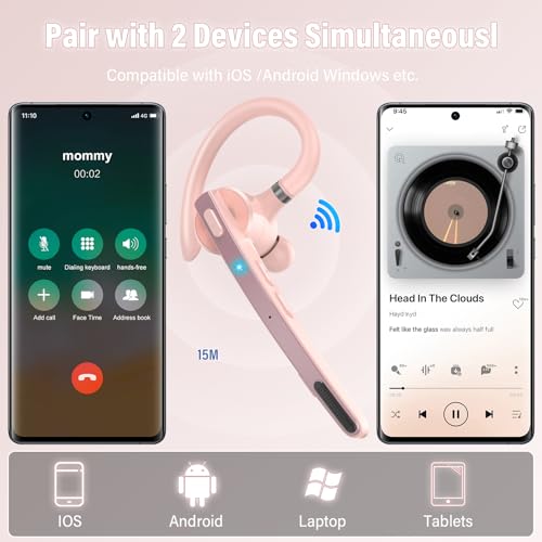 Image of 2026 Bluetooth Headset, Wireless Bluetooth 5.3 Earpiece, 90Hrs Single-Ear Headset with APTX HD Audio & Mute Button, Dual Noise Cancelling Mics, Hands Free Headphone for Trucker, Business, Gym, Pink