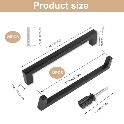 MIYUANGKJ 12pcs Kitchen Cabinet Handles & Drawer Pulls Black Kitchen Cupboards Handles 160mm Cupboard Door Handles with 24 Screws - Image 2