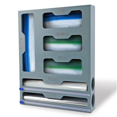 Rae Dunn Bamboo Bag Organizer for Kitchen Drawer - Durable Wood Organizer for Kitchen Storage - Holds Gallon, Quart, Snack, Sandwich Size Baggies, Plastic Wrap and Foil