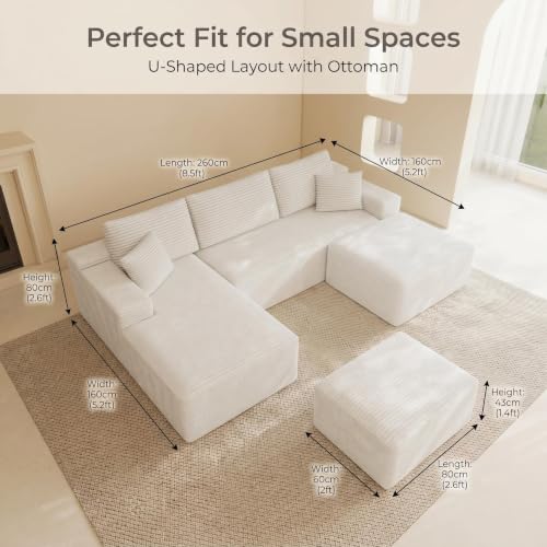Image of 104 inch U-Shaped Modular Sectional Sofa, Corduroy Boneless Couch, White | Cloud Luxury Comfort, Oversized Sofa, Deep Seat, Couches for Living Room, No Assembly Required