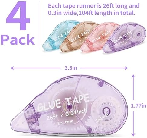 Kodreat 4 Pack Scrapbook Tape Double Sided Tape Rollers for Crafts,Glue Tape Runner for Kids and Adults,School Office Teacher Supplies,0.3IN x 26FT - 1