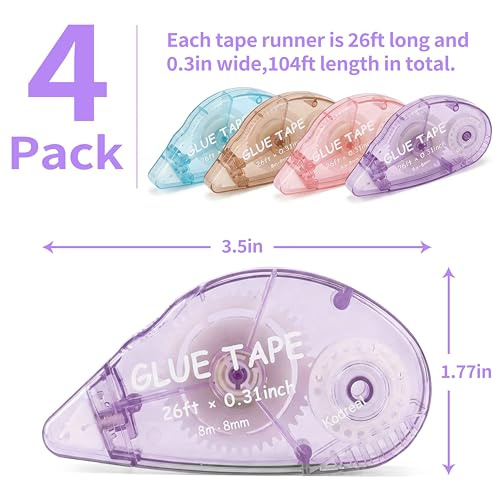 Kodreat 4 Pack Scrapbook Tape Double Sided Tape Rollers for Crafts,Glue Tape Runner for Kids and Adults,School Office Teacher Supplies,0.3IN x 26FT