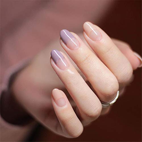 BloomingBoom 24 Pcs 12 Size Full Cover False Fake Nail Acylic Artificial Press On Salon Long Oval Rounded Almond Pure Solid Color French Style Soft Pink Purple