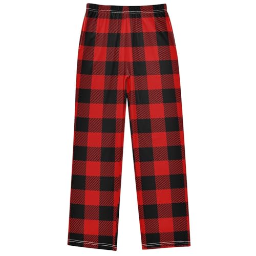 Boy's Pants Red Black Lumberjack Plaid Jogger Pants Elastic Waist Long Bottoms Trousers with Pockets 6-14 Years