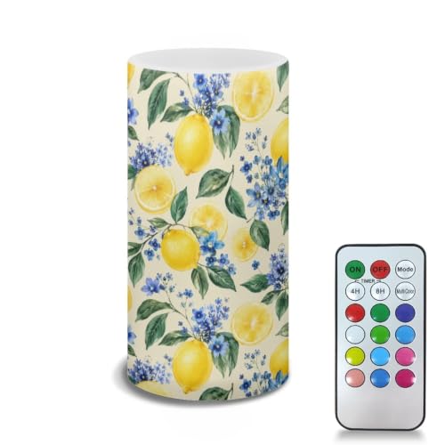 Image of Poceacles Flameless Candle Electric LED Lights with Timer Remote Color Lights, 3 AAA Batteries Operated (Not Include) Tealight for Home Indoor Decor, Lemon Blue Flower