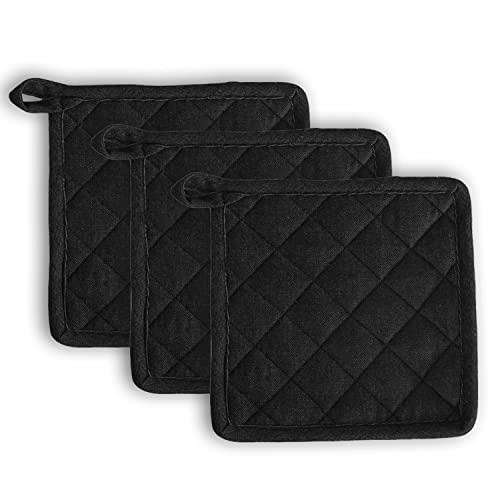 Image of 3 Pot Holder Heat Resistant Cotton Hot Pad or Pot Stand for Kitchen Cooking & Baking | Quilted Thick Fabric, Easy Grip, Hanging Loop (Black)