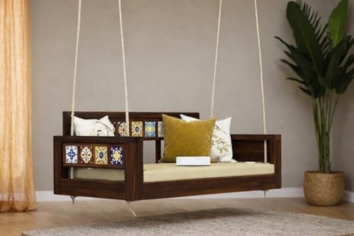 Image of Wooden Swing for Balcony | House Swings for Living Room | Wooden Hammock Swing Sofa with Rope & Complete Accessories for Indoor, Outdoor, Balcony & Garden | Sheesham Wood, Walnut Finish