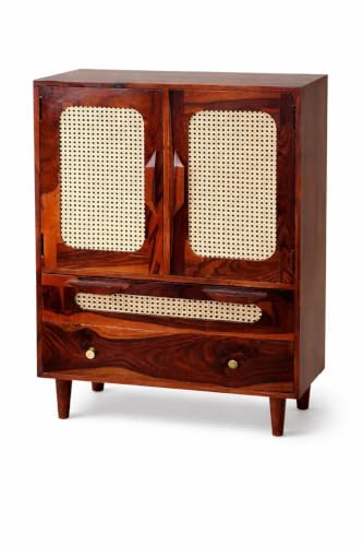 Image of Space Galaxy Sheesham Wood Chest of Drawer with Cane Rattan Doors | 2 Door 2 Drawer Wooden Sideboard & Cupboard Organizer | Tall Storage Furniture for Bedroom, Living Room & Home | Honey Oak Finish