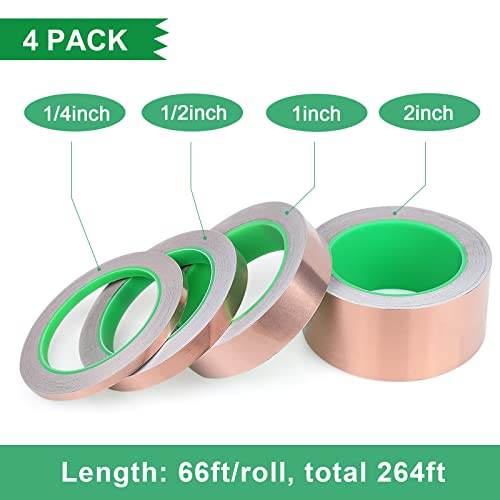 Image of BOMEI PACK Copper Tape 4 Pack (1.97mil x 2inch, 1inch, 1 /2inch, 1 /4inch x 66ft) with Conductive Adhesive for Guitars and Shielding, Slugs,Stained Glass, Electrical Repairs, Grounding