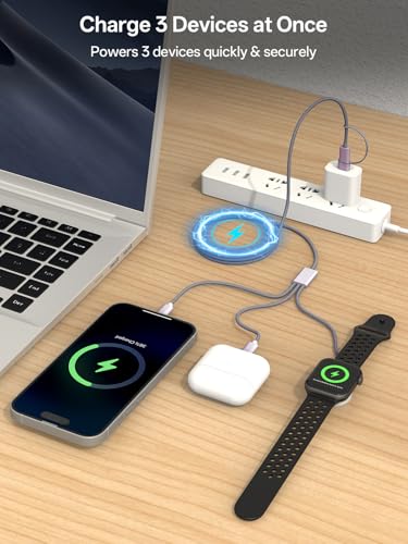 Image of Travel Essentials for Apple Watch Charger, Multi Charging Cable for iPhone Charger, 3 in 2 USB C Cable Cord Compatible with iPhone 17-15 Series /Watch Ultra /10-1 /Galaxy S25-20, iPad (Grey, 4FT)