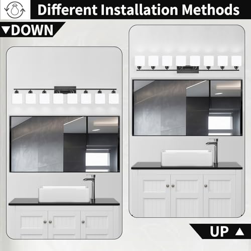 Image of 8 Light Black Bathroom Light Fixtures Over Mirror for Big Mirror, Modern Bathroom Lighting with Milky White Frosted Glass Shades,51 inch Lights for Vanity for Mirrors, E26