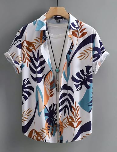 Image of Yimoon Men's Summer 2 Piece Outfits Tropical Print Short Sleeve Button Down Hawaiian Beach Shirt and Shorts Set