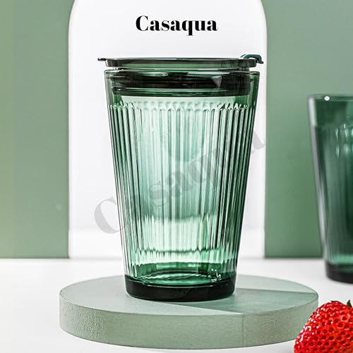 Image of Premium Ribbed Drinking Glass Tumbler with Lid & Straw - 450ml, Set of 1, Reusable Green Minimalist Mug for Iced Coffee, Juice, Smoothies & Cold Beverages, Leak-Resistant Travel Cup