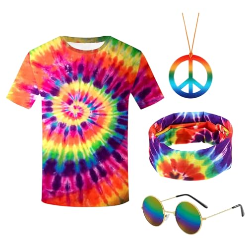 SAIIURV Conjunto de 4 peças disfarce hippie anos 60 e 70, Hippie Costume Set com t-shirt colar óculos de sol de cabeça, disfarces para festa de carnaval temática dos anos 70 Halloween (multicolor)