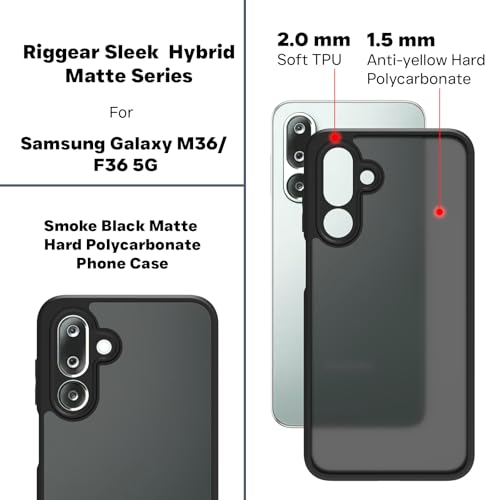Image of RIGGEAR Shockproof Sleek Hybrid Armor Back Cover Case for Samsung Galaxy M36 5G / F36 5G (Smoke Black Matte PC + Black TPU Bumper)