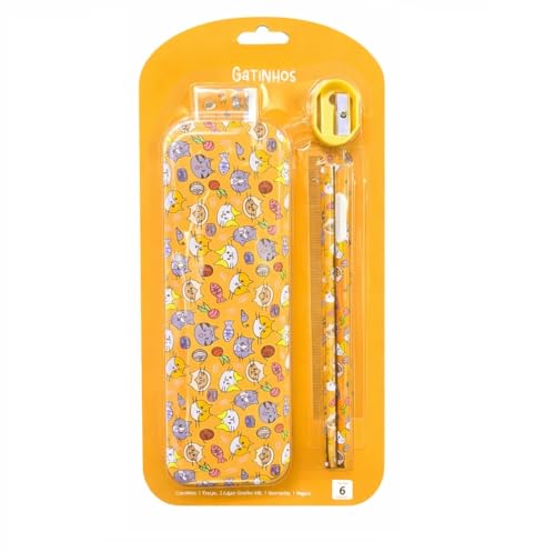 Kit Estojo Escolar de Metal com 2 Lápis Borracha Apontador e Régua