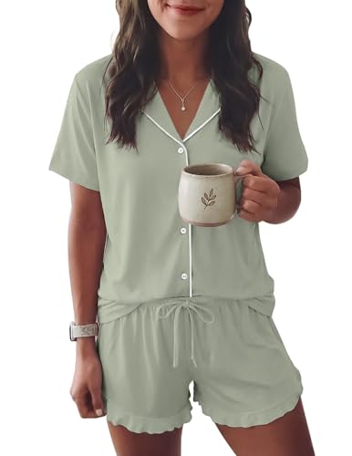 Ekouaer Womens Pajama Sets Button Down Short Sleeve Top and Shorts Cute Pjs Sets Sleepwear Ice Green