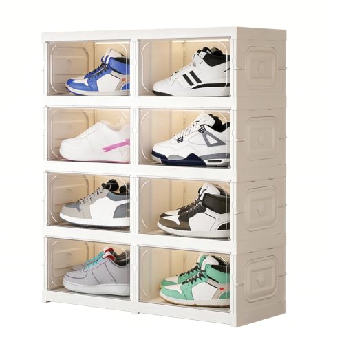 Image of House of Quirk 4-Layer 8-Box Folding Shoe Rack, Space-Saving Shoe Organizer, Foldable Plastic Shoe Cabinet for Home, Bedroom & Bathroom (White)