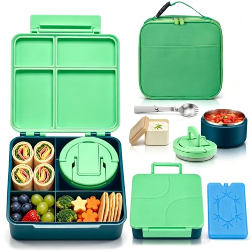 Image of Bento Lunch Box with 8oz Soup Thermo,Kids Leakproof 4 Compartment Lunch Food Containers with Sauce Cup and Ice Pack,Kids Thermo Insulated Hot Food Jar and Lunch Bag for School,Trvael-Green
