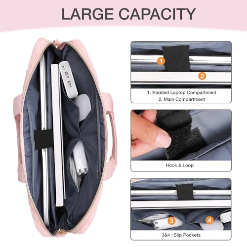 MOSISO 15-15.6 inch Laptop Bag, Briefcase for Women&Men, 16 inch Square Quilted Computer Messenger Bag Office Travel Business with 3 Pockets&Strap, Pink - Image 4