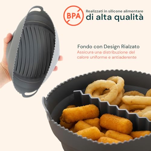 Wintem Faltbare Silikonkörbe Ø22 cm für Luftfritteuse, antihaftbeschichtet und platzsparend, ideal für gleichmäßiges Kochen, ergonomische Griffe und multifunktionale Verwendung in der Küche