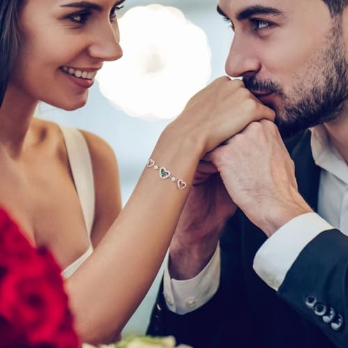 Iefil Birthstone Bracelets for Women - 925 Sterling Silver Rose Heart Birthstone Bracelet Birthday Anniversary Jewelry Gifts for Her Wife2