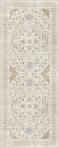 Madane Washable Runner Rug - 2x6 Rug Runners for Hallways 6 Foot Non Slip Vintage Kitchen Runner Rug Ultra-Thin Bathroom Runner Rugs Carpet Laundry Room Bedroom (2x6ft, Beige/Blue)