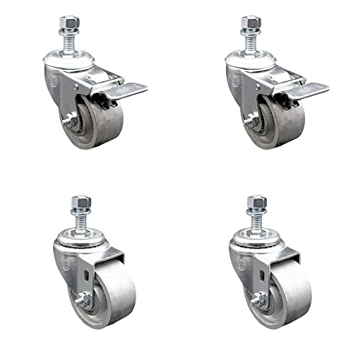 Semi Steel Cast Iron Swivel Threaded Stem Caster Set 4 w/Roller Bearing - 3