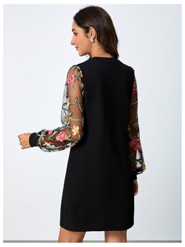 MakeMeChic Women's Fall Long Sleeve Floral Sheer Dress Wedding Guest Mesh Crew Neck Lace Black Mini Dresses2