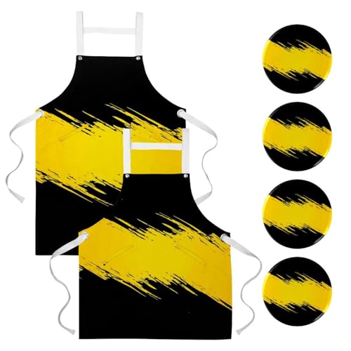 Lot de 2 tabliers de cuisine noir et jaune avec 4 broches incluses
