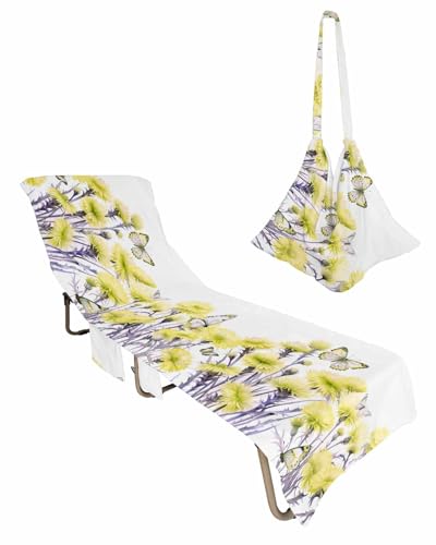 Yellow Spring Floral Beach Lounge Chair Towel Cover, Soft Chaise Lounge Towel with Side Pockets Patio Pool Chairs Cover for Beach/Pool Sunbathing 29x85 Watercolor Summer Botanical Elegant