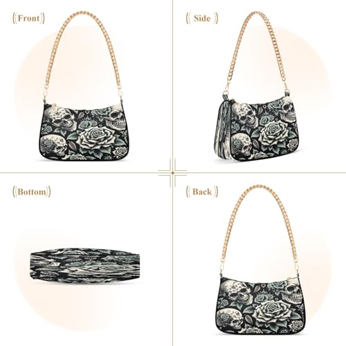 Shoulder Bag for Women Punk Skulls Roses Tote Handbag Crossbody Bag with Zipper Closure2