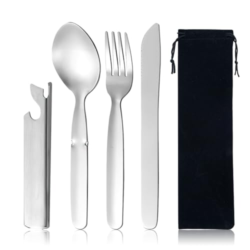 Arvoni Bundeswehr Besteck Set, 4 in 1 Edelstahl Camping Besteckset, Reisebesteck enthält Messer, Gabel, Löffel und Dosenöffner, Outdoor Bbesteck,...