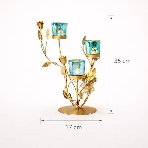 Image of Market99 Glossy Blue Glass T-Light Holder Set of 2 | Golden Leaf Pattern Metal Tealight C&le St& | Decorative Accent Piece for Home, Office, Dining Table, Balcony & Perfect Decor for Festive Season