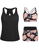 Tempt Me Black Floral 3 Piece Tankini Swimsuits for Women Athletic Bathing Suits Swim Tank Top with Boy Shorts and Bra Modest Swimwear M