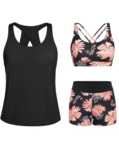 Image of Tempt Me 3 Piece Tankini Swimsuits for Women Athletic Bathing Suits Swim Tank Top with Boy Shorts and Bra Modest Swimwear