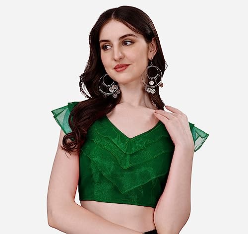 Image of Pujia Mills Women's V Neck Orgenza Three Layer Ruffle Sleeve Frill Readymade Saree Blouse
