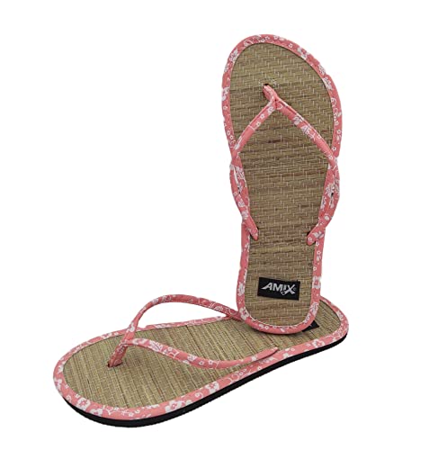 Amix Diamond Élégantes Chaussons femme été modèle Caraïbes fond bambou tongs anti-transpiration frais Flip Flops en paille semelle en caoutchouc pour la mer, la plage, le jardin, rose, 39 EU
