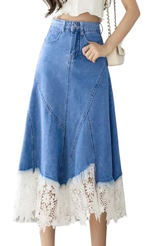 ebossy Women's Elegant Lacy Floral Denim Skirt High Waist Frayed A-Line Swing Midi Jean Skirt with Pockets