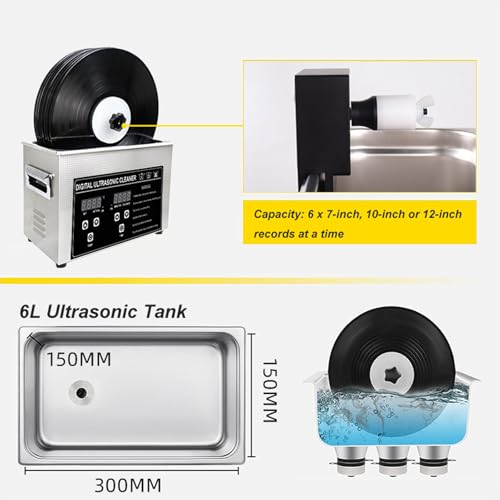 Pulitore per dischi ad ultrasuoni, serbatoio in acciaio inox per vinile, timer digitale e riscaldamento, con rack e panni, rimozione della polvere con scanalatura profonda, cura audio domestica