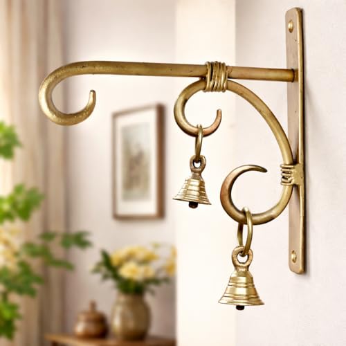Image of Antique Brass Wall Bracket with Bells | 7.5 Inch Heavy Duty Metal Hanging Hooks (Pack of 1) for Plants, Lanterns, Bird Feeders & Wind Chimes | Indoor Outdoor Decor