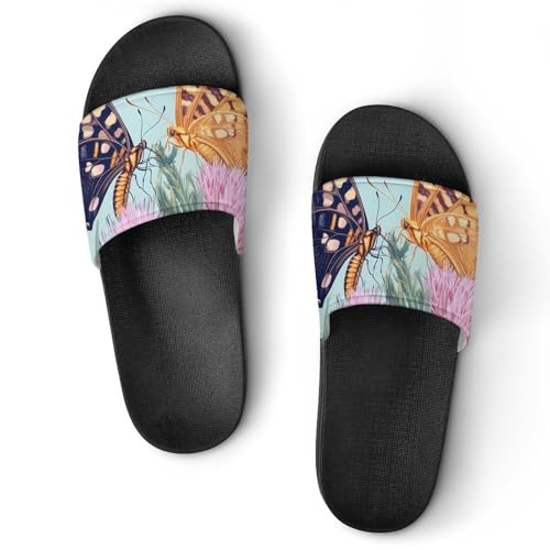 Butterflies And Thistle Flower Shower Slippers for Women Men Casual Non-Slip Slide Sandals Beach Bathroom Shoes